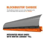 BlockBuster carbide and cover snow plow cutting edge system integrated wear bars.