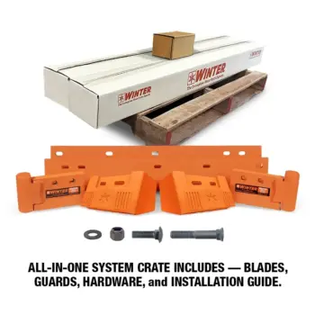 Vulcan V-Plow steel cutting edge system with cast steel curb guard blade savers with carbide full packaging for western, fisher, snowex, douglas dynamics